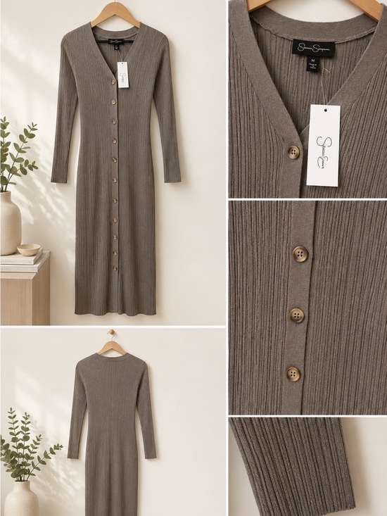 Jessica Simpson Dresses & Skirts - Jessica Simpson Ribbed Knit Midi Dress | Size Medium | NWT | Taupe Button Front